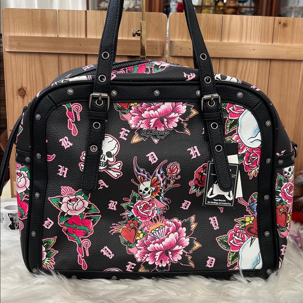 Ed Hardy Black Bag with Pink Floral & Skull Print
